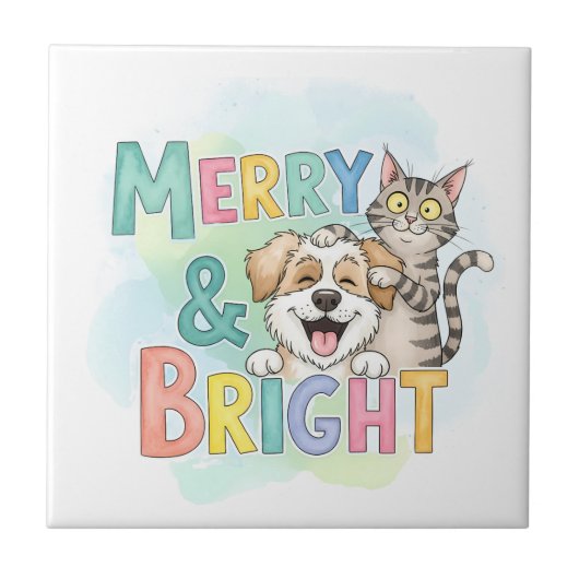 Niedlicher Hund & Katze Merry & Bright Fliese (Vorderseite)