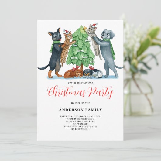 Niedlicher Hund Katze Weihnachtsfest Party Einladung (Stehend Vorderseite)