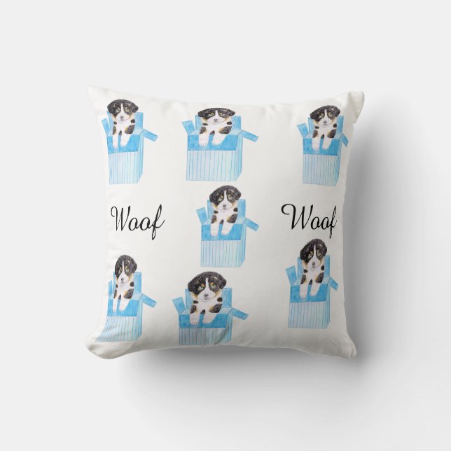 Niedlicher Hund mit blauer Kiste Kissen (Vorderseite)