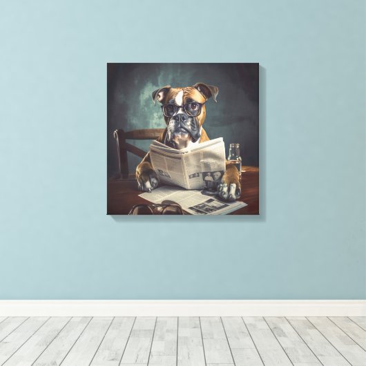 Niedlicher Hund mit Brille Reading Newspaper Leinwanddruck (Insitu (Holzboden))