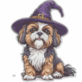 Niedlicher Hund mit einem Halloween-Wizard-Hut Aufkleber (Vorderseite)