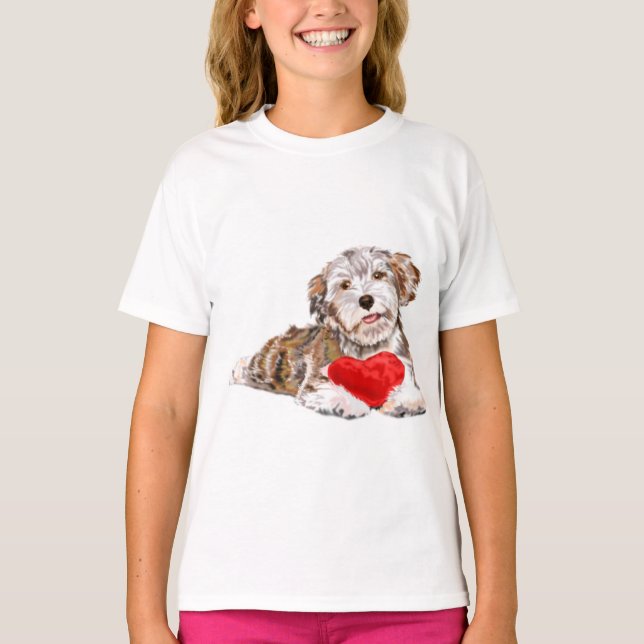 Niedlicher Hund mit Herzgeschenk T - Shirt (Vorderseite)