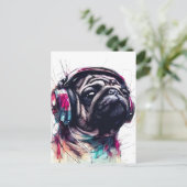 Niedlicher Hund mit Kopfhörer, Aquarellbilder Postkarte (Stehend Vorderseite)