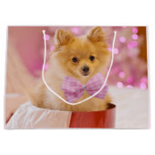 Niedlicher Hund mit Pink Bow Weihnachts-Foto Große Geschenktüte (Vorderseite)