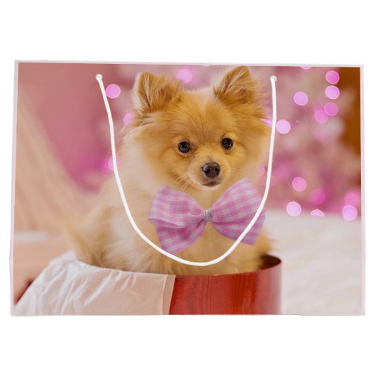 Niedlicher Hund mit Pink Bow Weihnachts-Foto Große Geschenktüte (Rückseite)