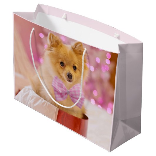 Niedlicher Hund mit Pink Bow Weihnachts-Foto Große Geschenktüte (Rückseite Schrägansicht)