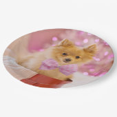 Niedlicher Hund mit Pink Bow Weihnachts-Foto Pappteller (Schrägansicht)