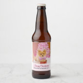 Niedlicher Hund mit Pink Bow Weihnachtsfoto Bierflaschenetikett (Vorderseite)