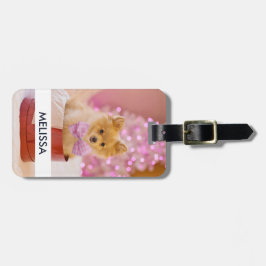 Niedlicher Hund mit Pink Bow Weihnachtsfoto Gepäckanhänger