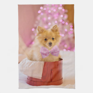 Niedlicher Hund mit Pink Bow Weihnachtsfoto Geschirrtuch