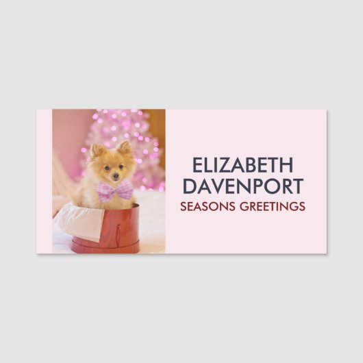 Niedlicher Hund mit Pink Bow Weihnachtsfoto Namensschild (Vorderseite)