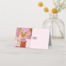 Niedlicher Hund mit Pink Bow Weihnachtsfoto Platzkarte