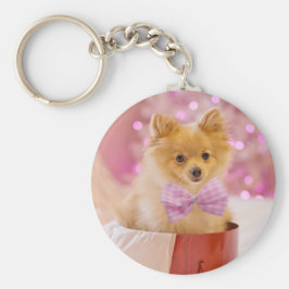 Niedlicher Hund mit Pink Bow Weihnachtsfoto Schlüsselanhänger