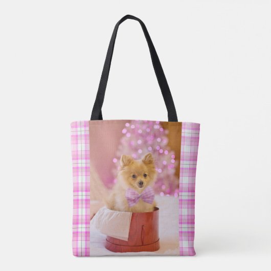 Niedlicher Hund mit Pink Bow Weihnachtsfoto Tasche (Rückseite)