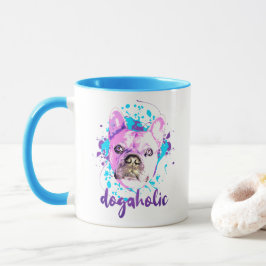 Niedlicher Hund mit rosa blaue Dogaholie Tasse