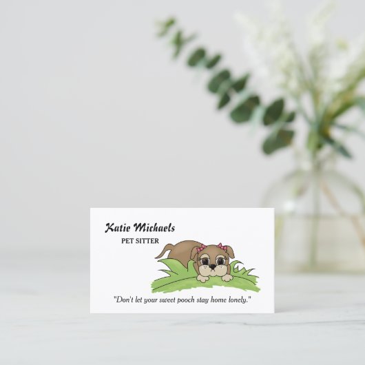 Niedlicher Hund mit rosafarbenen Bows Sitzgelegenh Visitenkarte (Stehend Vorderseite)