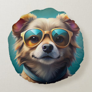 Niedlicher Hund mit Sonnenbrille Rundes Kissen