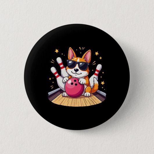 Niedlicher Hund mit Sungeln, der Bowling für Männe Button (Vorderseite)