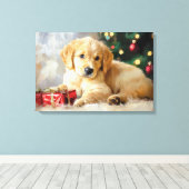 Niedlicher Hund mit Weihnachtsgeschenken als Maler Leinwanddruck (Insitu (Holzboden))