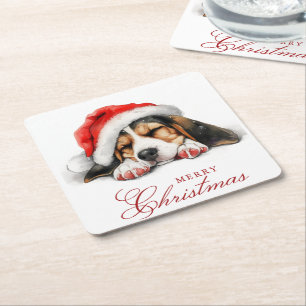 Niedlicher Hund mit Weihnachtsmannmütze Frohe Weih Rechteckiger Pappuntersetzer