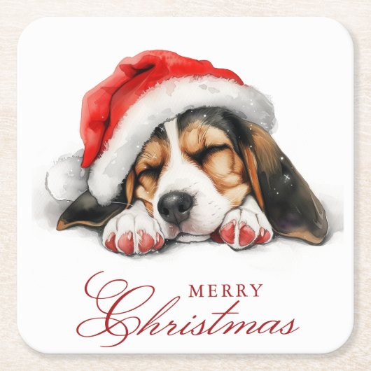 Niedlicher Hund mit Weihnachtsmannmütze Frohe Weih Rechteckiger Pappuntersetzer (Vorderseite)