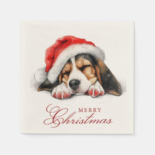 Niedlicher Hund mit Weihnachtsmannmütze Frohe Weih Serviette (Vorderseite)
