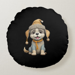 Niedlicher Hund mit Winterkleidung Rundes Kissen