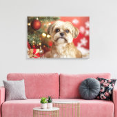 Niedlicher Hund neben Weihnachtsbaum Leinwanddruck (Insitu (Wohnzimmer))