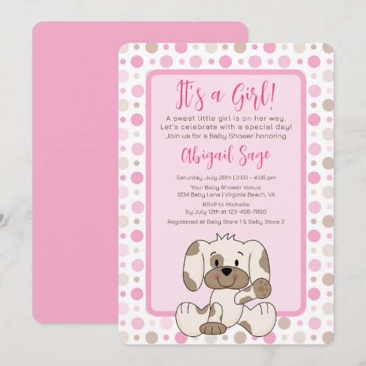 Niedlicher Hund Pink Polka Dot Baby Dusche Einladung (Vorne/Hinten)