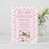 Niedlicher Hund Pink Polka Dot Baby Dusche Einladung (Stehend Vorderseite)