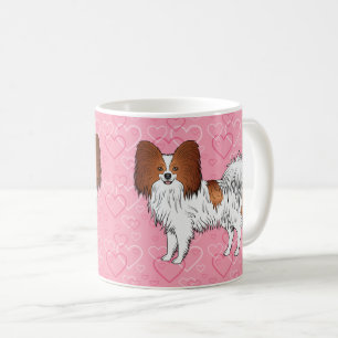 Niedlicher Hund, rot und weiß Papillon, rosa Herze Kaffeetasse