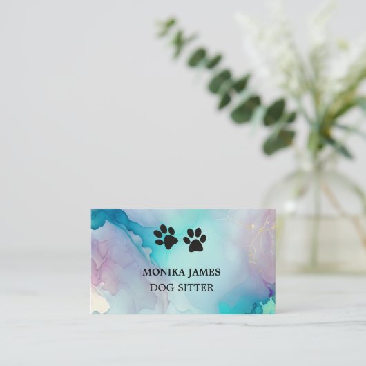 Niedlicher Hund Sitter Wasserfarbe Blau Lila Splas Visitenkarte (Stehend Vorderseite)