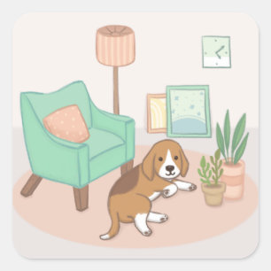 Niedlicher Hund, Stuhl, Pflanze & mehr Illustratio Quadratischer Aufkleber