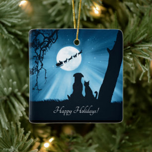 Niedlicher Hund und glückliche Katzen Weihnachten Keramikornament