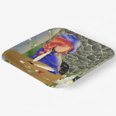 Niedlicher Hund und Lady im Café bei Sonnenunterga Pappteller (Gewinkelt)