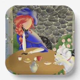 Niedlicher Hund und Lady im Café bei Sonnenunterga Pappteller