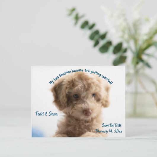 Niedlicher Hund und seine Menschen Ankündigung Dat Postkarte (Stehend Vorderseite)