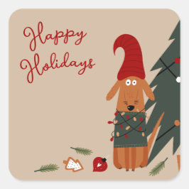 Niedlicher Hund und Weihnachtsbaum Mischief Quadratischer Aufkleber