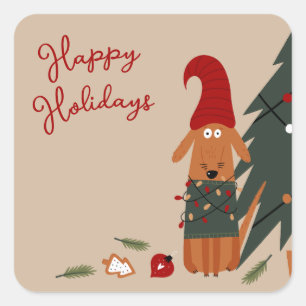 Niedlicher Hund und Weihnachtsbaum Mischief Quadratischer Aufkleber