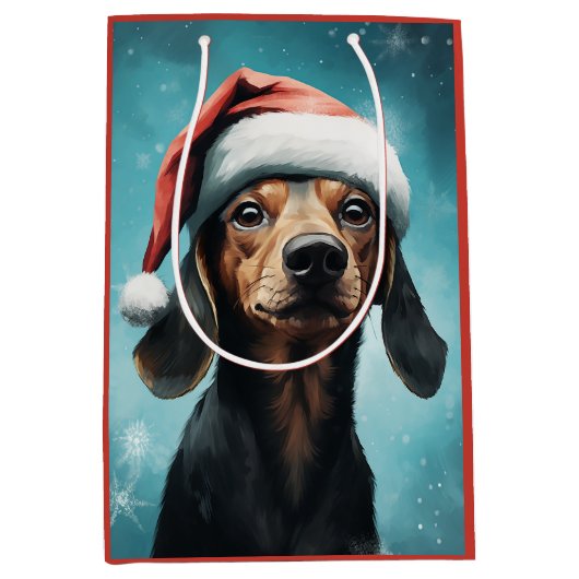 Niedlicher Hund Weihnachtsmannmütze Dackel Weihnac Mittlere Geschenktüte (Vorderseite)