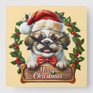 Niedlicher Hund Weihnachtsschmuck - Frohe Weihnach Quadratische Wanduhr