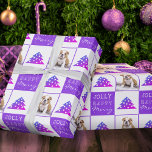 Niedlicher Hund Welpe Haustier Frohe Lila Weihnach Geschenkpapier<br><div class="desc">Niedliche Katzen Typografie Lila Weihnachtsbaum Foto Wrapping Papier. Lila und weißer Hintergrund mit Schneeflocken und einem farbenfrohen Weihnachtsbaum. Weiß,  froh,  Jolly Typografie. Das Design hat ein individuelles Foto eines Hundewelpen - stecken Sie Ihren Lieblingshund oder jedes andere Foto als Haustier in die Vorlage und machen Sie Ihr persönliches Weihnachtsgeschenk.</div>