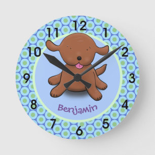 Niedlicher Hundehund blauer Cartoon Illustrationsr Runde Wanduhr