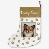 Niedlicher Hundename Foto Gold Glitzer Paw Prints Kleiner Weihnachtsstrumpf (Rückseite)