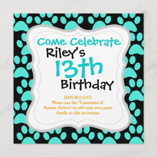 Niedlicher Hundepaw druckt Aquamarin Blau Einladung