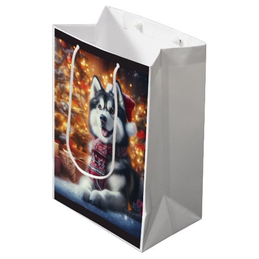 Niedlicher Husky Dog Pet in der Weihnachtslandscha Mittlere Geschenktüte (Vorderseite Schrägansicht)