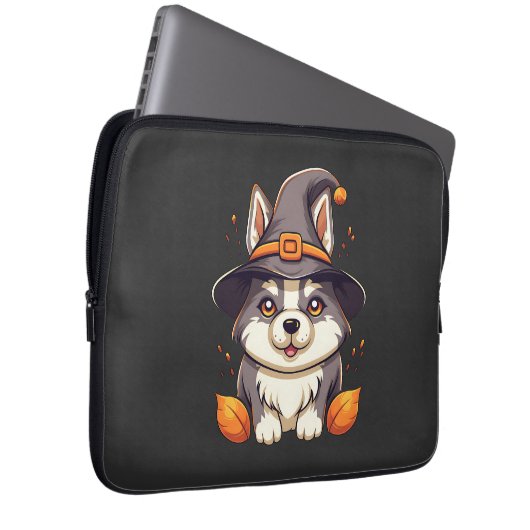 Niedlicher Husky-Hund in einem Hexenhutehund Laptopschutzhülle (Vorne Rechts)