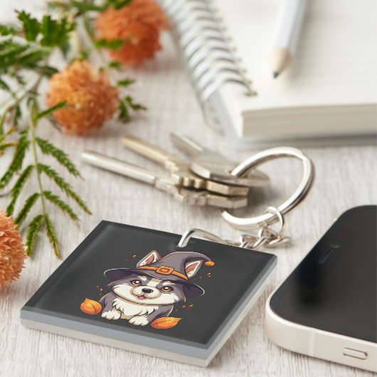 Niedlicher Husky-Hund in einem Hexenhutehund Schlüsselanhänger (Vorderseite rechts)