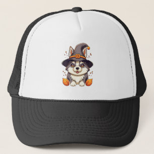 Niedlicher Husky-Hund in einem Hexenhutehund Truckerkappe