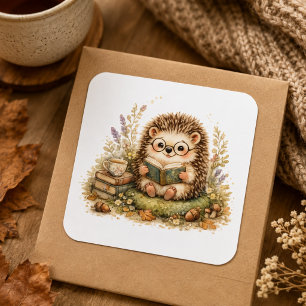 Niedlicher Igel beim Lesen im herbstlichen Wohnzim Quadratischer Aufkleber